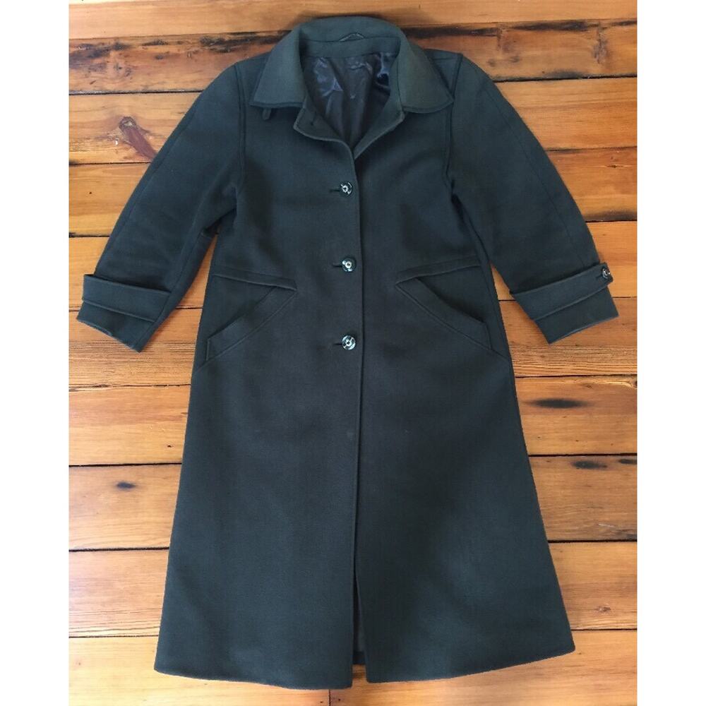 Vtg German Hensel Mortensen Dark Green Wool Button Up Peacoat Trench Womens